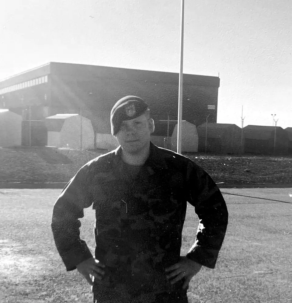 Craig Smith in uniform and beret on base, September 11, 2001
